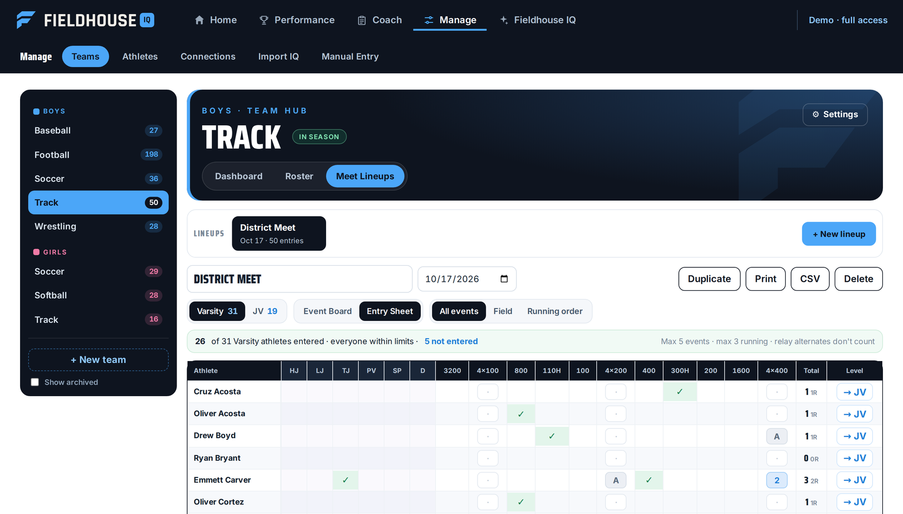 Entry Sheet: every athlete against every event, relay legs typed 1-4 or A, totals and level moves